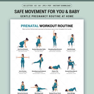 Pode incluir: Um guia imprimível de rotina de exercícios pré-natais com ilustrações de exercícios. O guia inclui exercícios como alongamento de gato-vaca, rotações de ombros sentadas, alongamento lateral em pé e muito mais. O texto na parte superior diz "Movimento seguro para você e seu bebê".