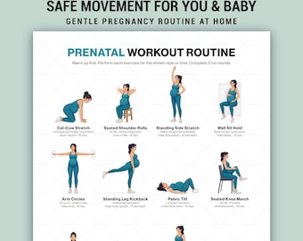 Esercizi prenatali stampabili, tabella di esercizi dolci per la gravidanza, routine per tutto il corpo, poster per future mamme