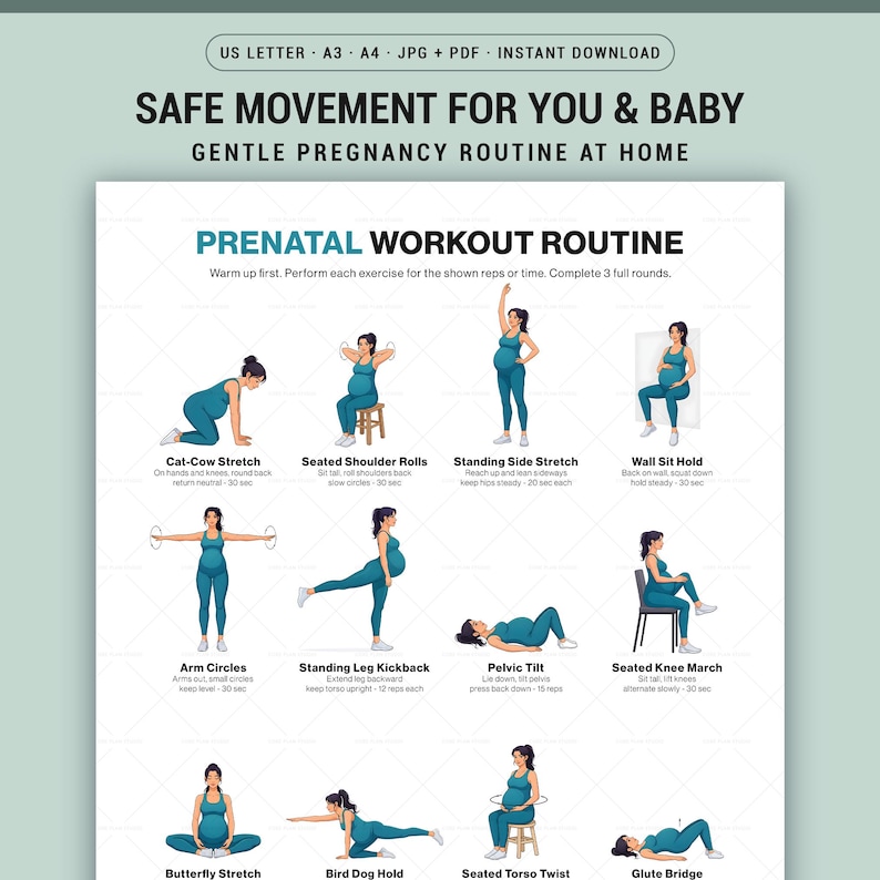 Prenatal Workout Printable Gentle Pregnancy Exercise Chart Full Body ...