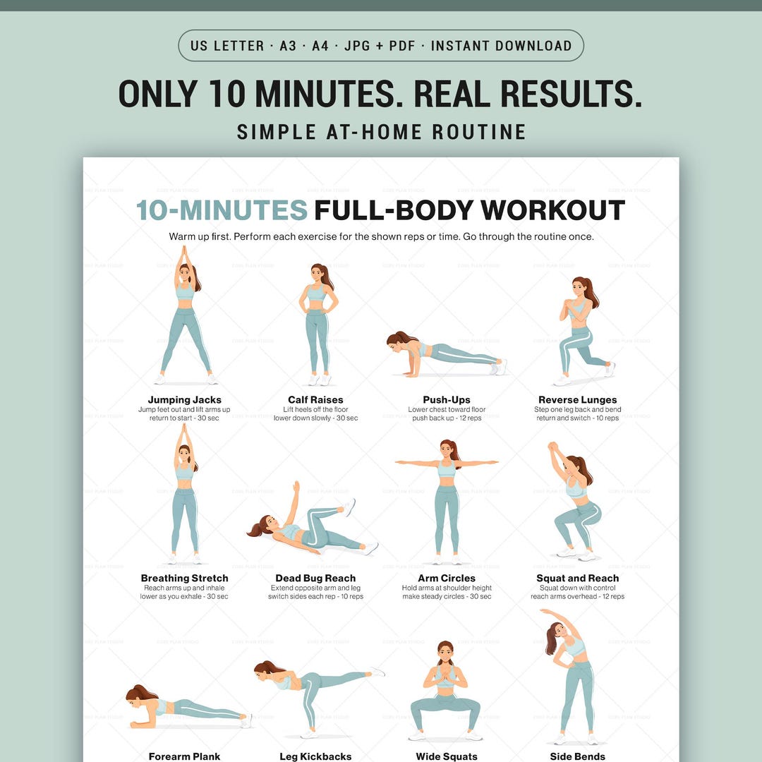 10 Exercises Routine 10 Minute Full Body Workout Printable Poster, Daily Home Exercise Chart ...