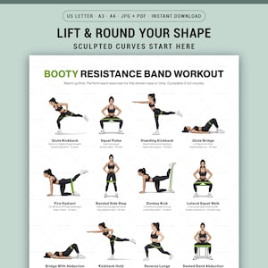Entraînement des fessiers avec bande de résistance imprimable pour femme, tableau d'exercices avec bande de boucle, pdf maison