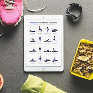 Pelvic floor workout printable featuring bridge squat lunge and tabletop hold exercises