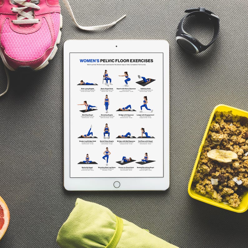 Pelvic floor workout printable featuring bridge squat lunge and tabletop hold exercises