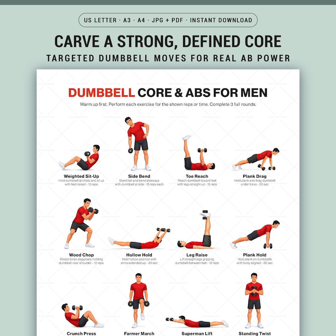 Dumbbell Core and Abs Workout Poster for Men Home Gym Printable - Etsy ...