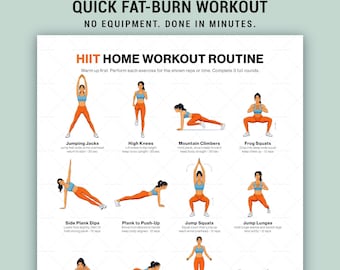 Poster stampabile per allenamento HIIT a casa, per tutto il corpo, senza attrezzi, con schema di routine cardio in formato PDF.