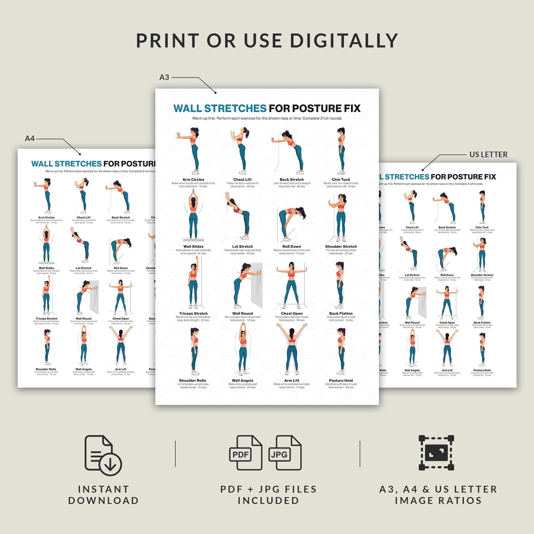 Posture Exercises Chart Printable for Daily Alignment Wall Stretch ...