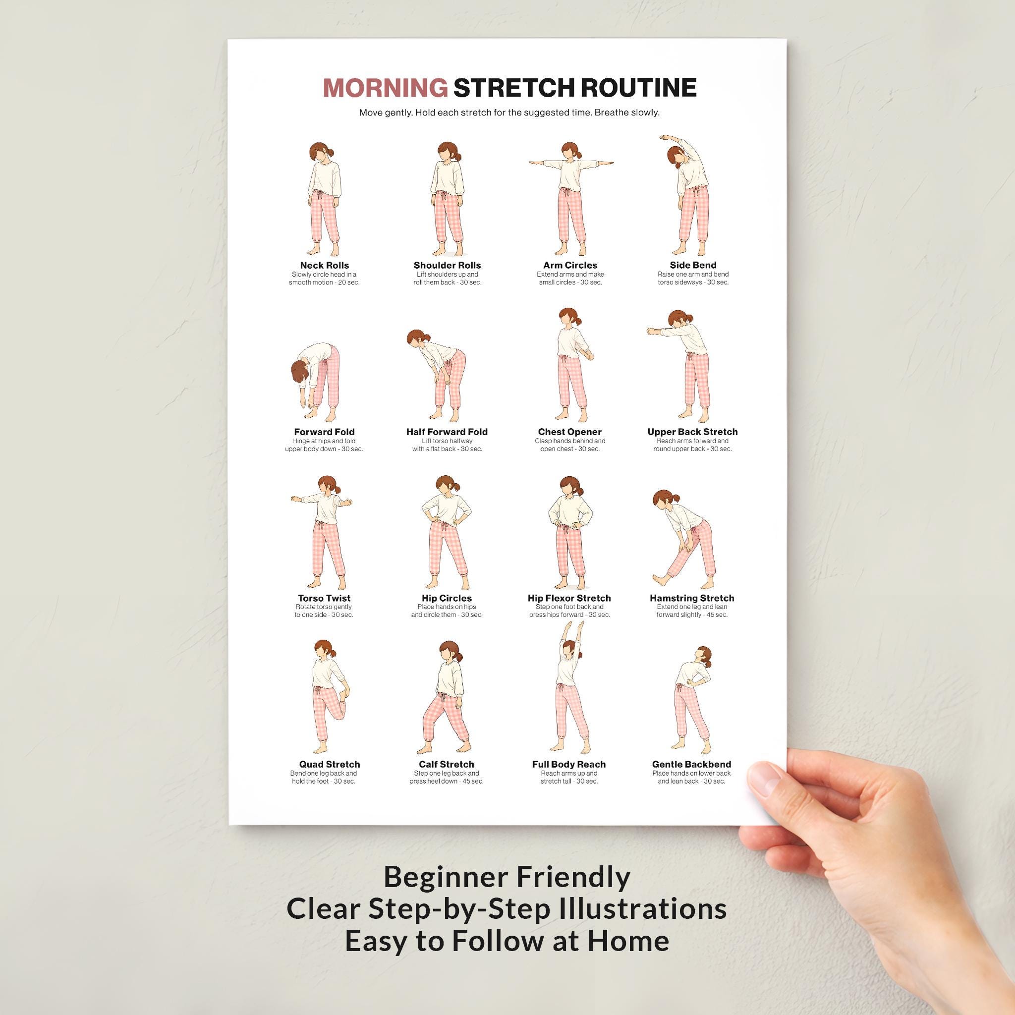 Morning Stretch Routine Wall Chart Printable for Women, Daily Full Body ...