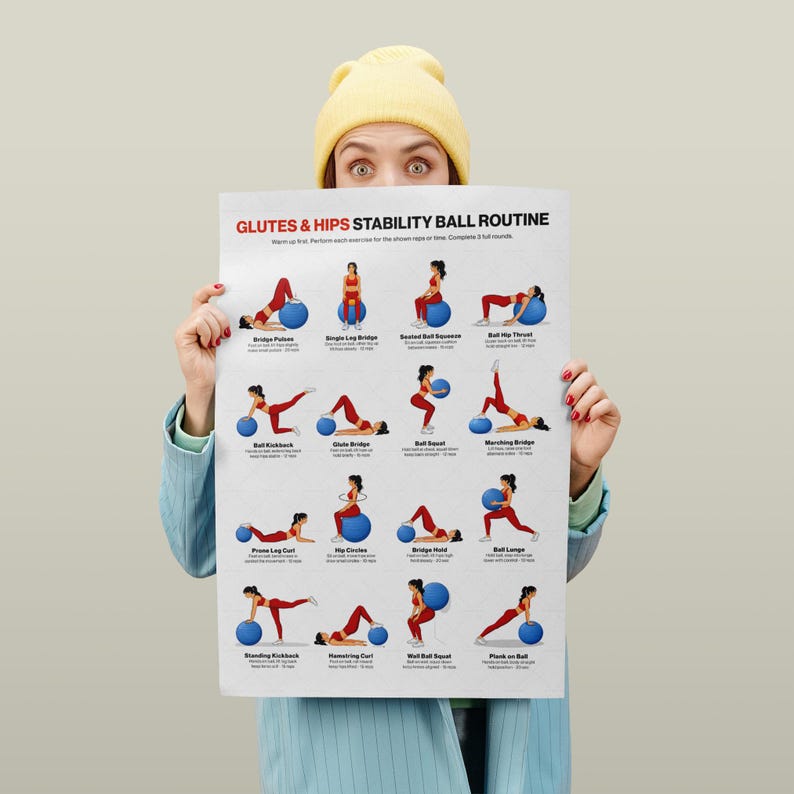 Stability Ball Glutes Workout Printable Chart Poster Home Gym Lower ...