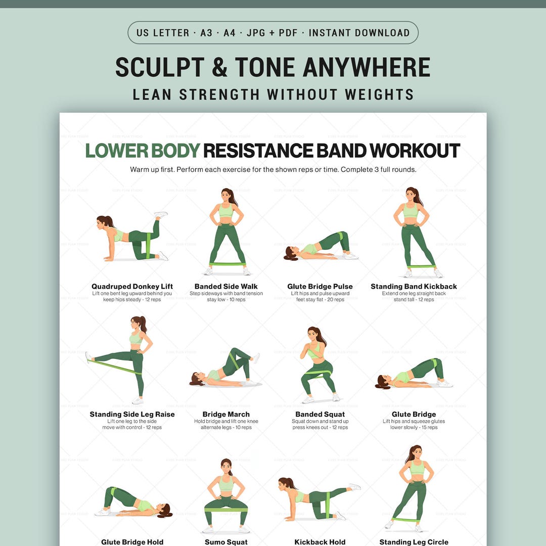 Lower Body Resistance Band Workout Printable Glute Leg Exercise Chart ...