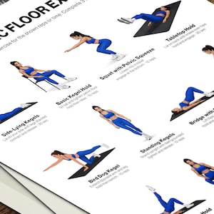Printable kegel workout poster PDF with seated lying and standing pelvic floor exercise illustrations