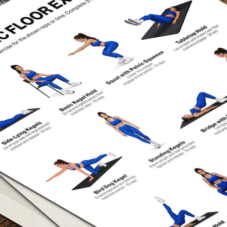 Printable kegel workout poster PDF with seated lying and standing pelvic floor exercise illustrations