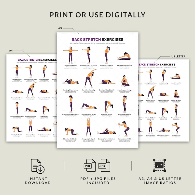 Back Stretch Exercises Chart Printable Poster Upper Lower Spine ...