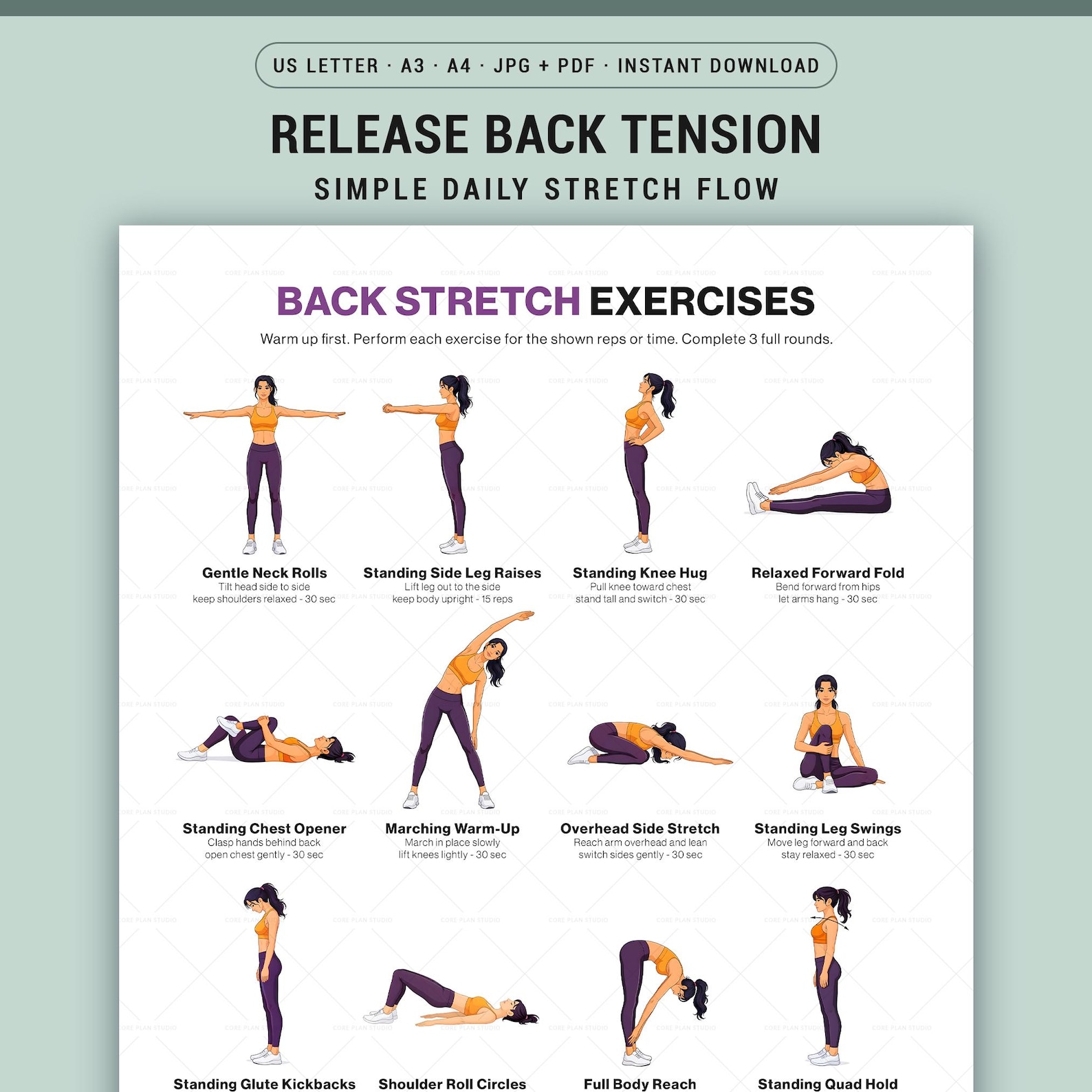Back Stretch Exercises Chart Printable Poster Upper Lower Spine ...