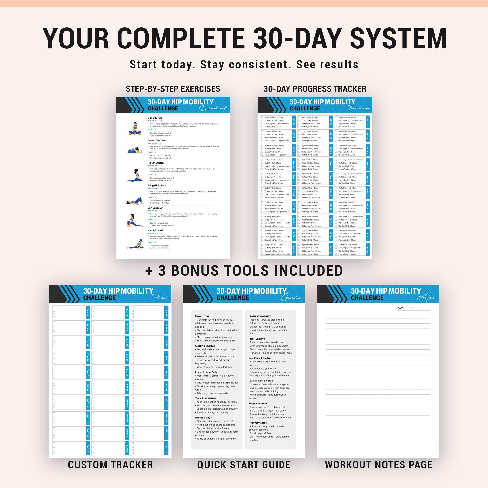 30 Day Hip Mobility Challenge Yoga Block Routine Printable Tracker ...