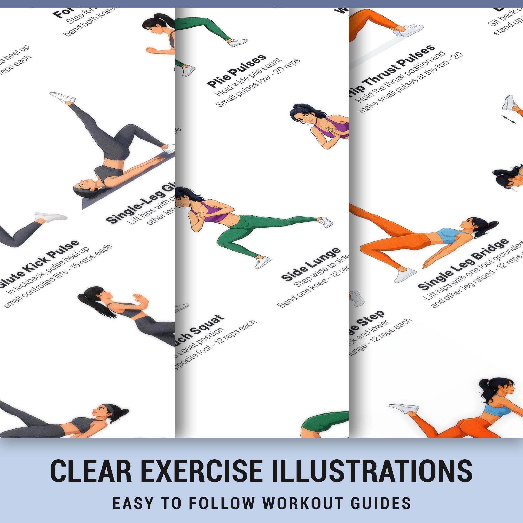 Glute Hips Thigh Workout Poster Set, 3 Printable Lower Body Exercise ...