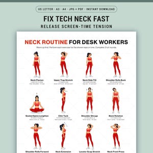 Pode incluir: Um download digital imprimível intitulado "Fix Tech Neck Fast" com uma rotina para o pescoço para trabalhadores de escritório. A imagem apresenta ilustrações de exercícios, incluindo flexão do pescoço, rotações dos ombros e pescoço. O texto inclui instruções.