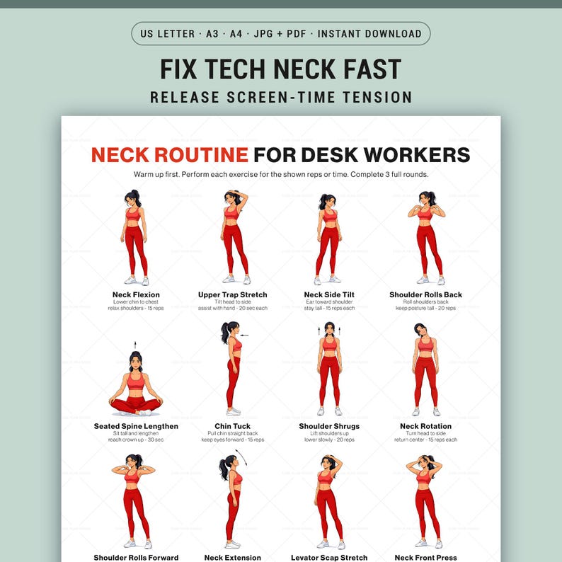 Desk Neck Exercise Chart Printable for Office Posture and Pain Relief ...