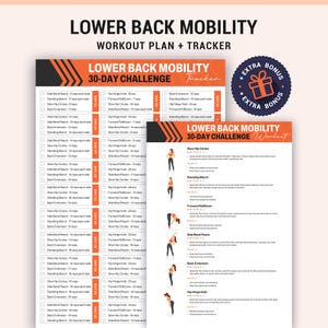 May include: A workout plan and tracker for lower back mobility. The design features a 30-day challenge with exercises like slow hip circles, standing march, and back extension. Includes an extra bonus badge.