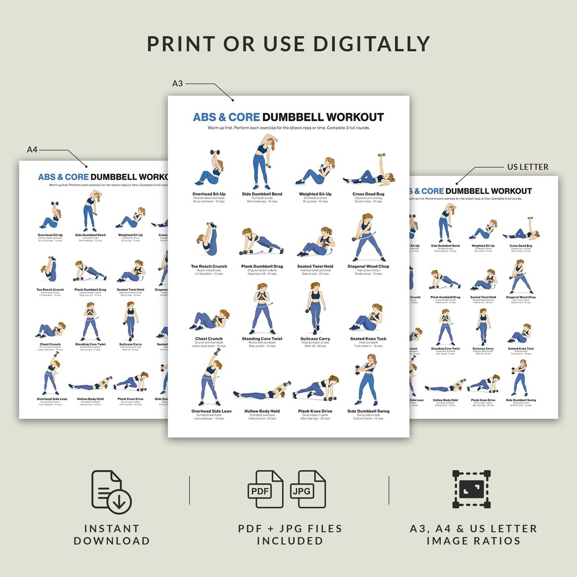 Dumbbell Abs Core Workout Printable for Beginners, at Home Training ...