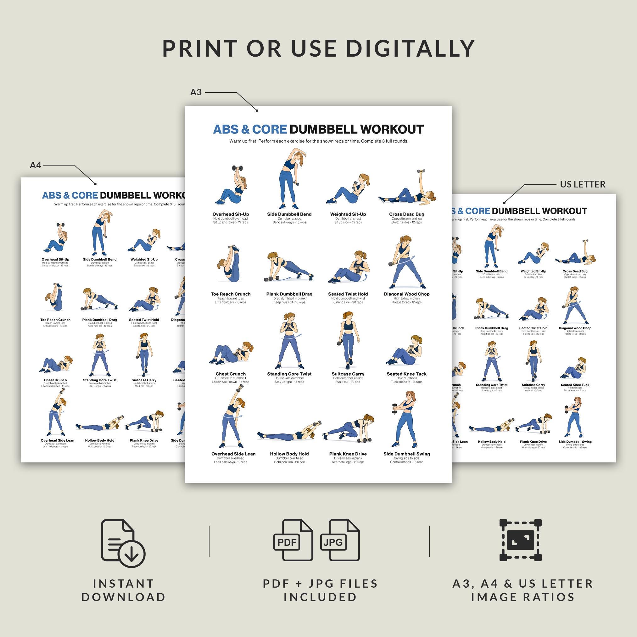 Dumbbell Abs Core Workout Printable for Beginners, at Home Training ...