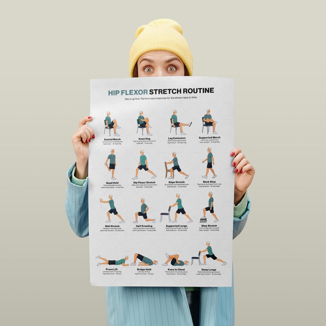 Hip Flexor Stretch Routine for Seniors Printable Chart, Gentle Chair ...