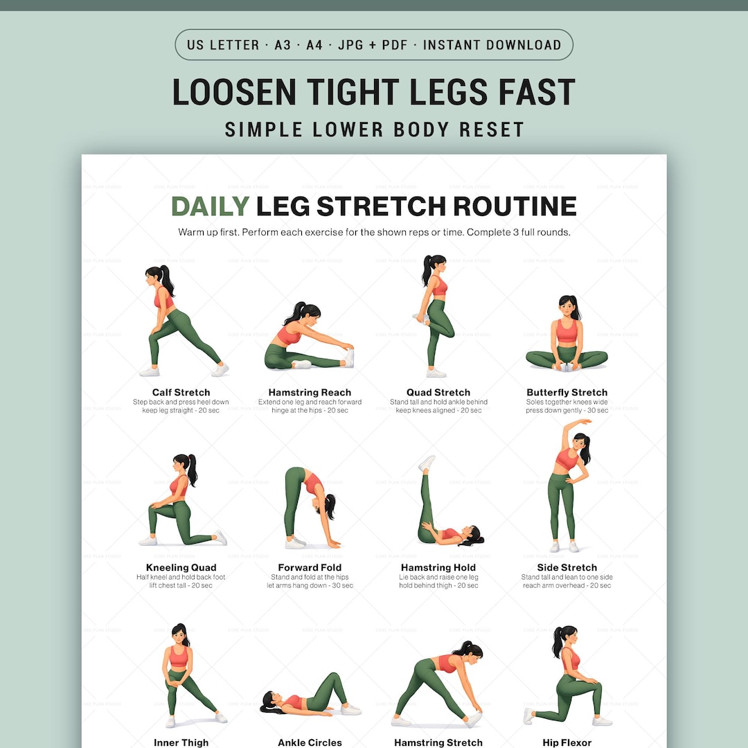 Legs Stretching Routine Leg Stretch Routine Printable Poster Lower Body Flexibility Wall Chart ...