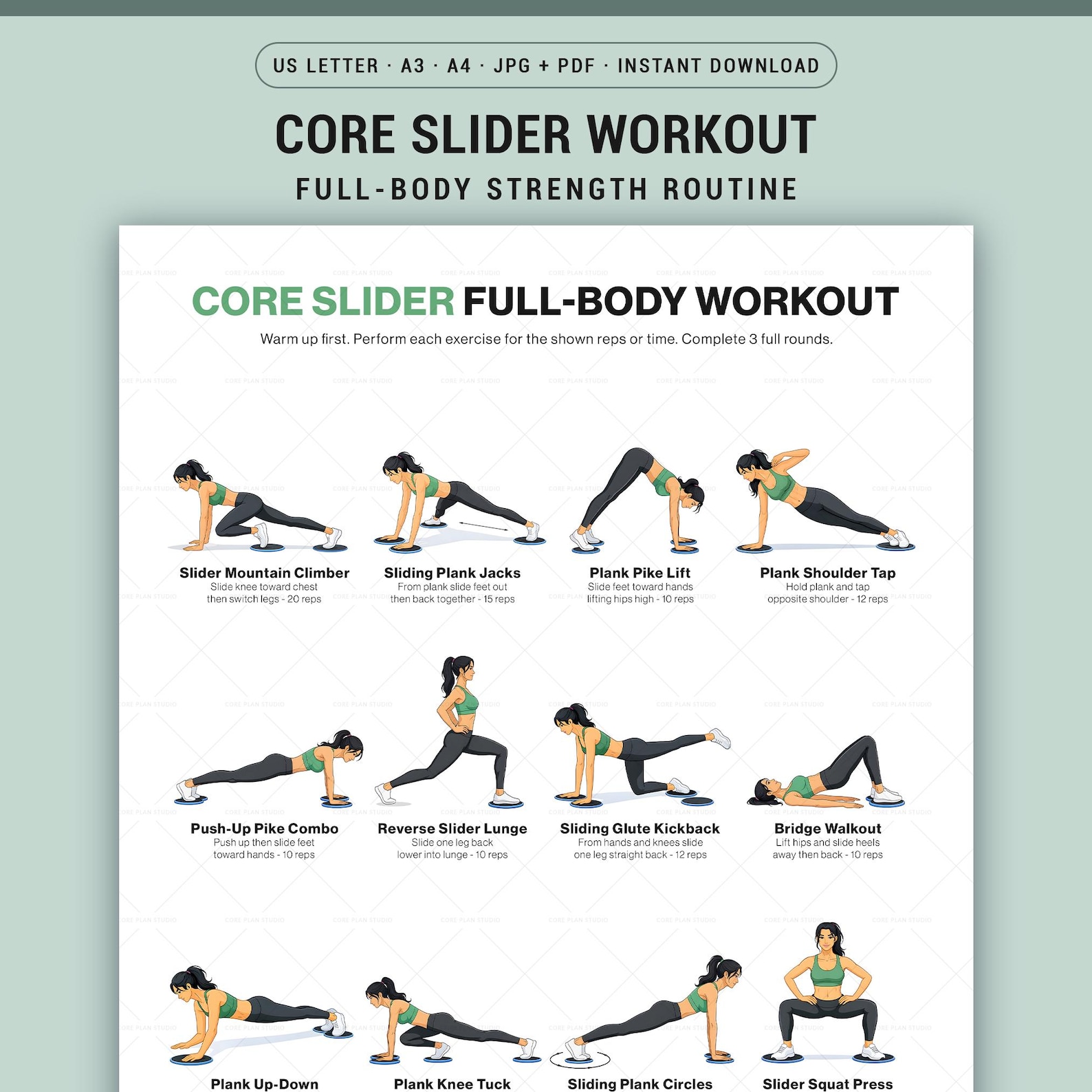 Core Slider Workout Printable Poster Full Body Slider Exercise Chart ...