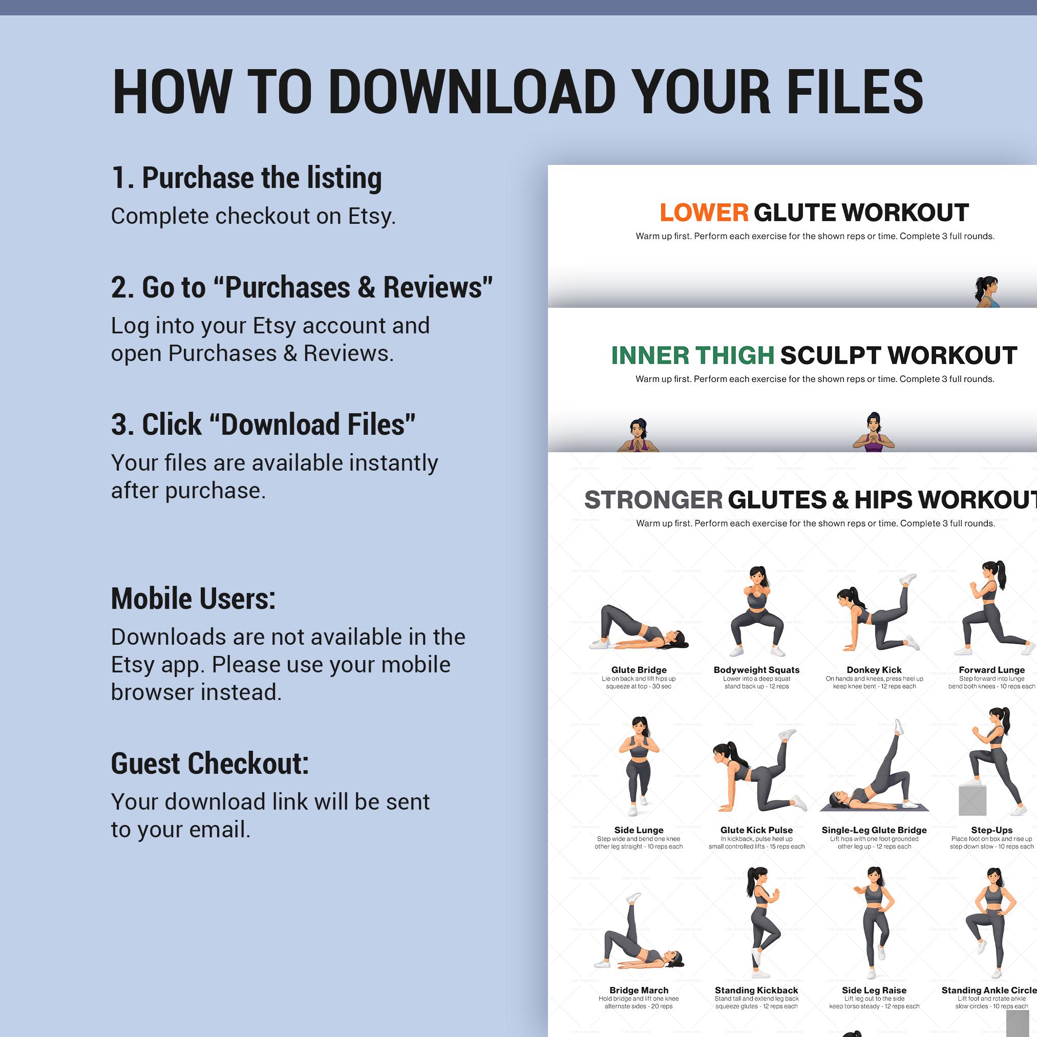 Glute Hips Thigh Workout Poster Set, 3 Printable Lower Body Exercise ...