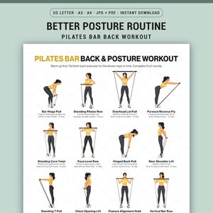 Könnte beinhalten: Ein druckbarer Pilates-Barren-Rücken- und Haltungstrainingsleitfaden. Der Leitfaden enthält Illustrationen von Übungen mit Anweisungen. Der Titel lautet "Better Posture Routine Pilates Bar Back Workout".