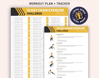Sfida di 30 giorni di esercizi da seduti: tracker stampabile per le abitudini di movimento quotidiane e routine di fitness a casa