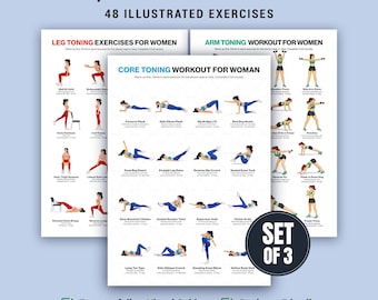 Set di 3 poster per tonificare braccia e gambe, per addominali, braccia e gambe, stampabili per donne.