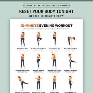Allenamento serale in piedi stampabile per donne, routine da 10 minuti, tabella di fitness senza attrezzatura in formato PDF