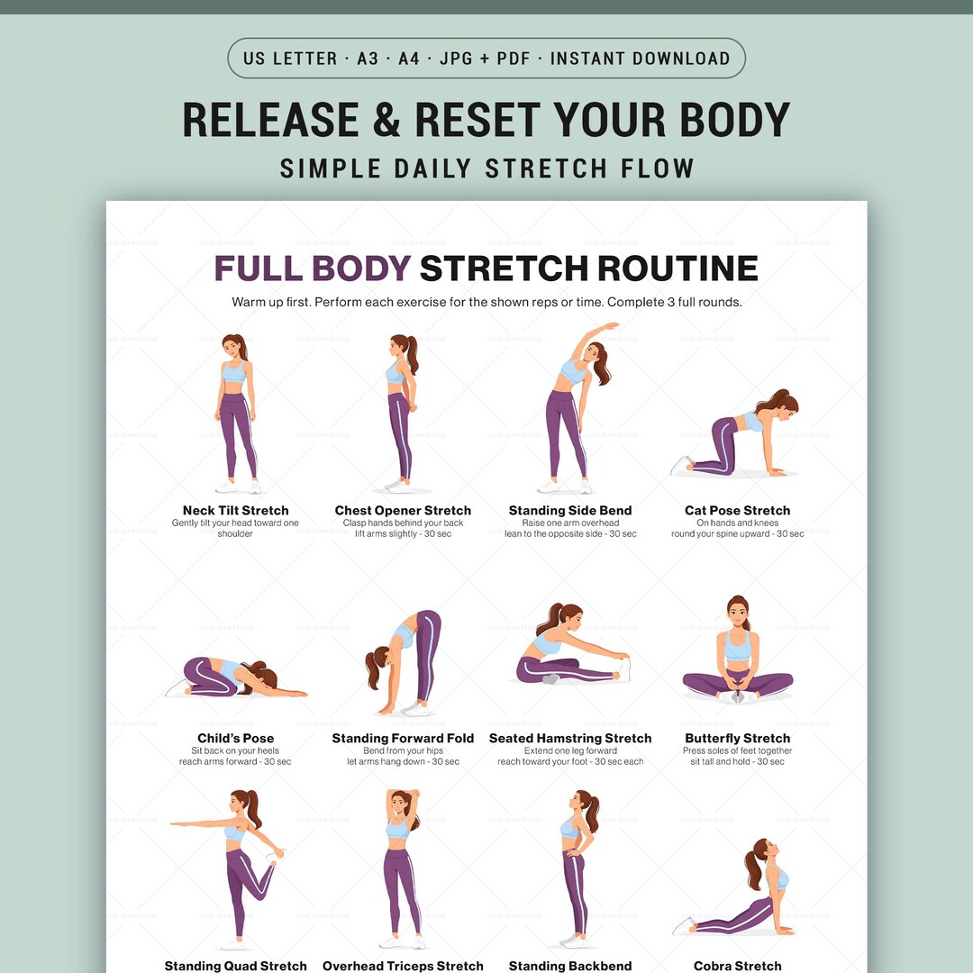 Daily Full Body Stretch Routine Full Body Stretch Printable Poster for Beginners Daily Flexibility ...