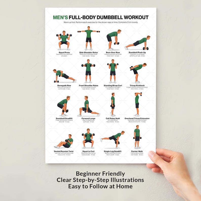 Dumbbell Full Body Workout Poster for Men Home Gym Printable Strength ...