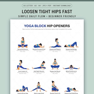 May include: A white printable yoga guide with the text "Loosen Tight Hips Fast" and "Yoga Block Hip Openers." It features illustrations of yoga poses, including Butterfly Stretch, Supported Bridge, and Wide Fold Stretch. The guide is designed for beginners.