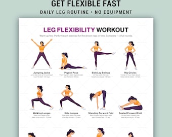 Poster stampabile per esercizi di flessibilità delle gambe, routine di stretching per la parte inferiore del corpo da appendere a casa, guida da appendere al muro.