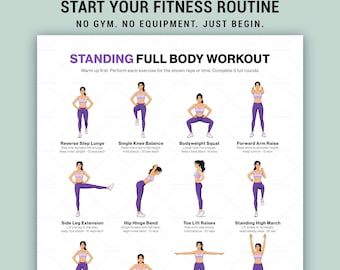 Schema stampabile per allenamento completo del corpo in piedi senza attrezzi, ideale per il fitness a casa.
