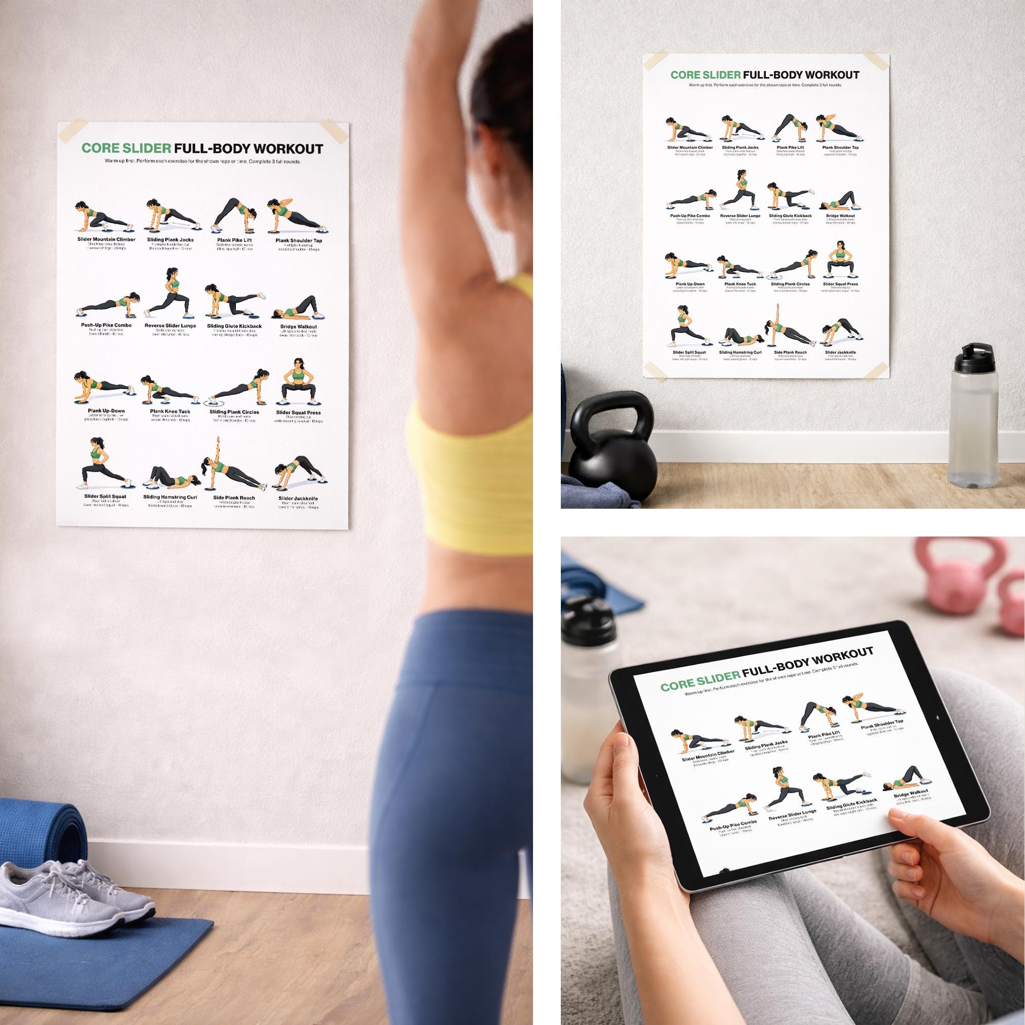 Core Slider Workout Printable Poster Full Body Slider Exercise Chart ...