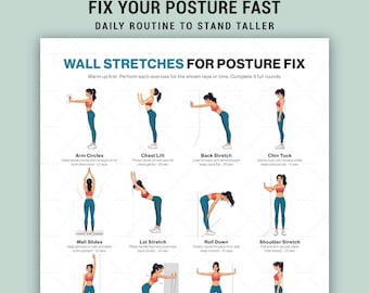 Tabella stampabile degli esercizi posturali per la routine quotidiana di stretching a parete senza attrezzi.
