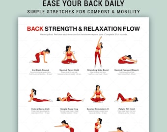 Esercizi per la schiena: tabella stampabile, senza attrezzi, da seduti o in piedi, poster guida per l'allenamento a casa, delicato.