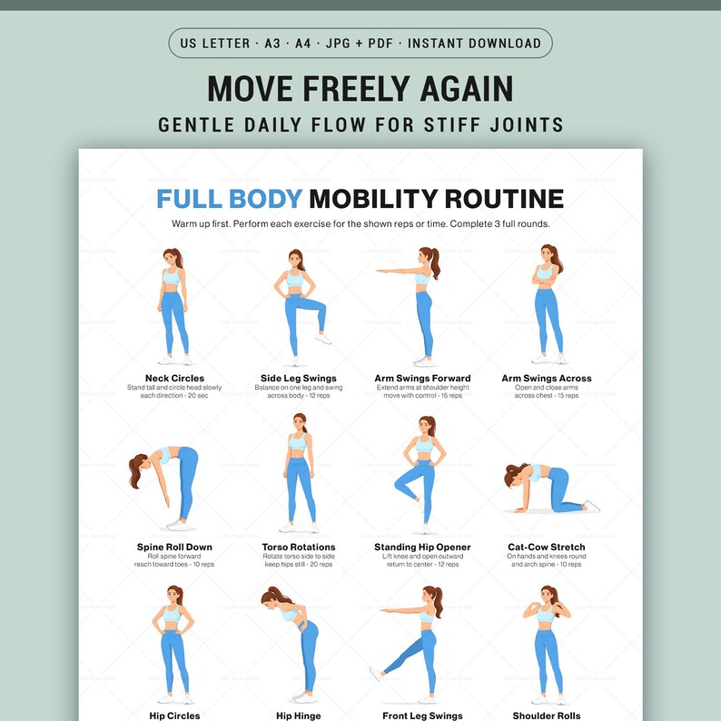 Full Body Mobility Routine Printable Poster for Home Joint Flexibility ...