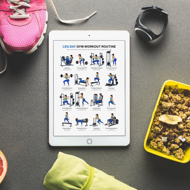 Leg Day Workout Poster Printable Lower Body Gym Machine Chart Dumbbell ...