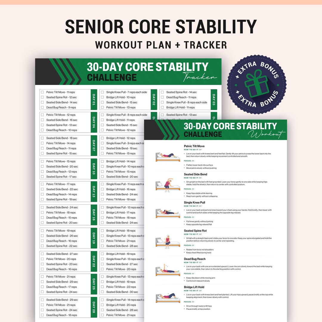 Core Stability Daily Routine 30 Day Core Stability Challenge Printable for Seniors Bed Routine Core ...