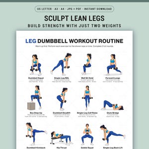 Op de afbeelding: Een afdrukbare been-dumbbell workout routine met illustraties. De poster toont oefeningen zoals squats, lunges en calf raises. De tekst bovenaan luidt "Sculpt Lean Legs" en "Build Strength With Just Two Weights."