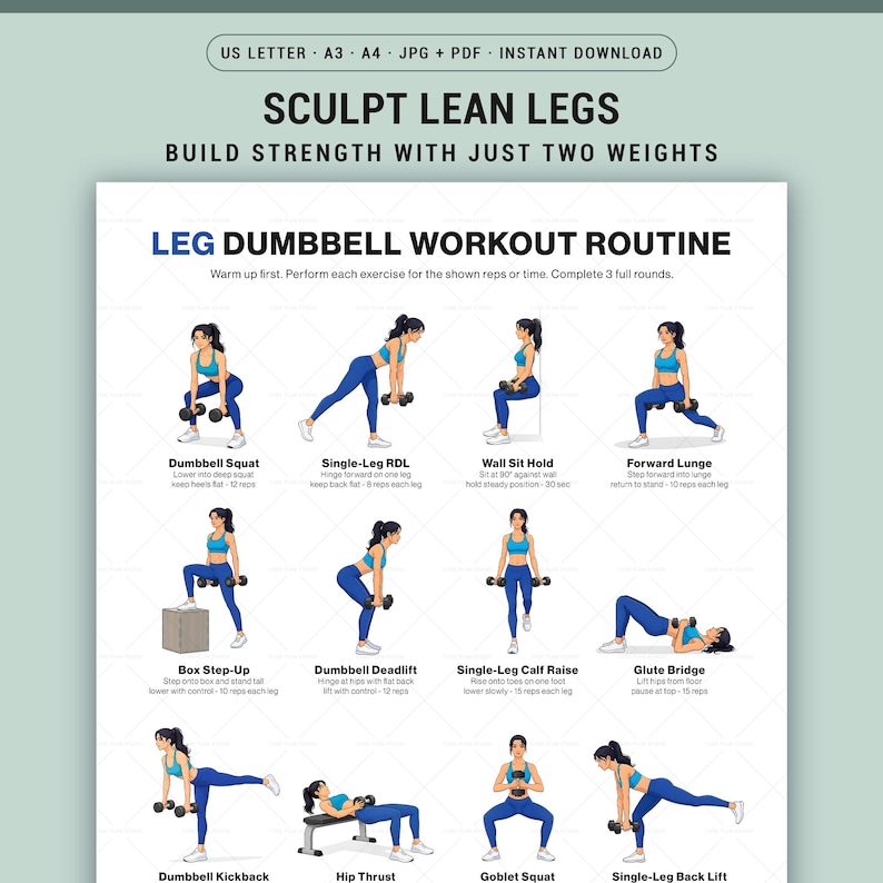 Leg Dumbbell Workout Poster Printable for Lower Body Strength Training ...