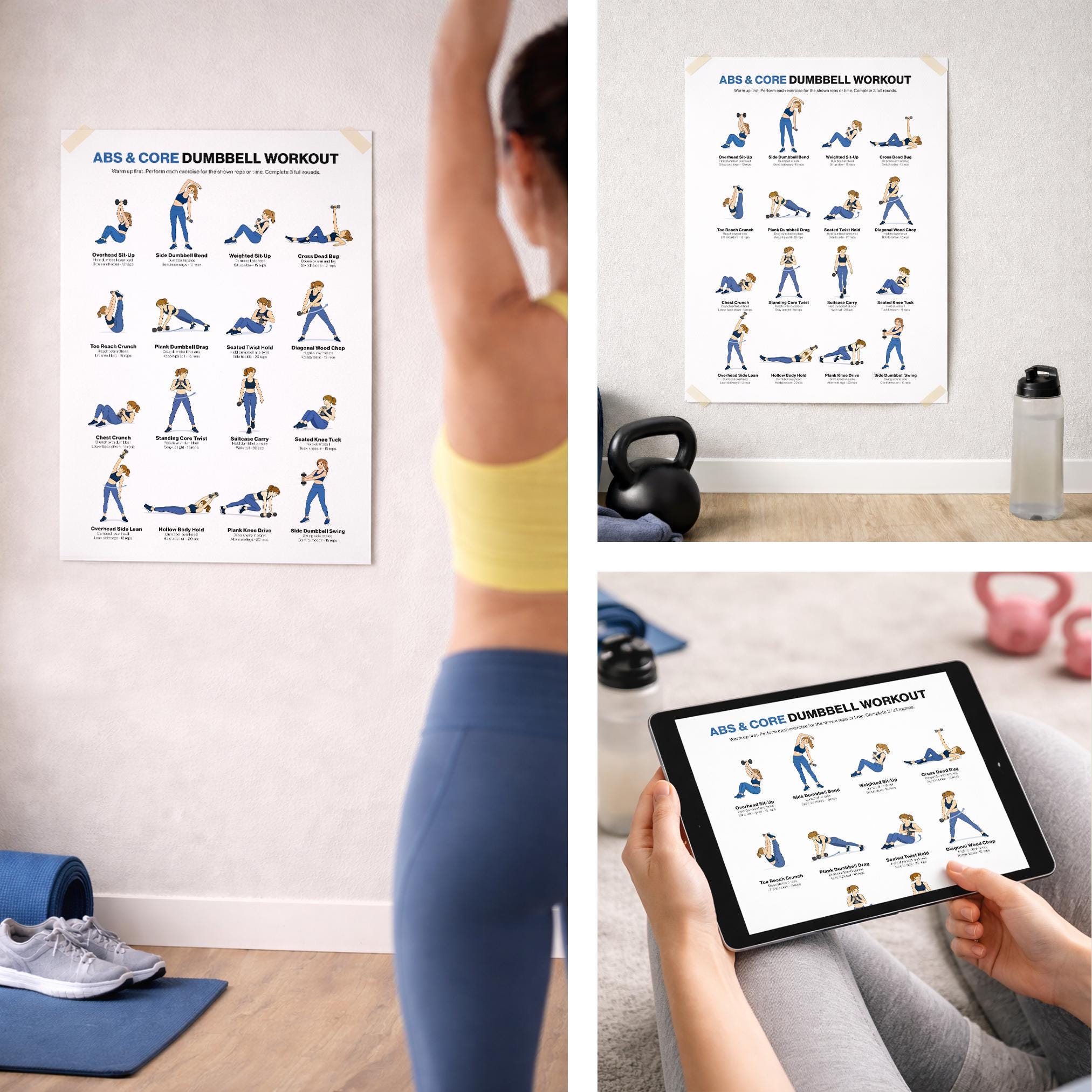 Dumbbell Abs Core Workout Printable for Beginners, at Home Training ...