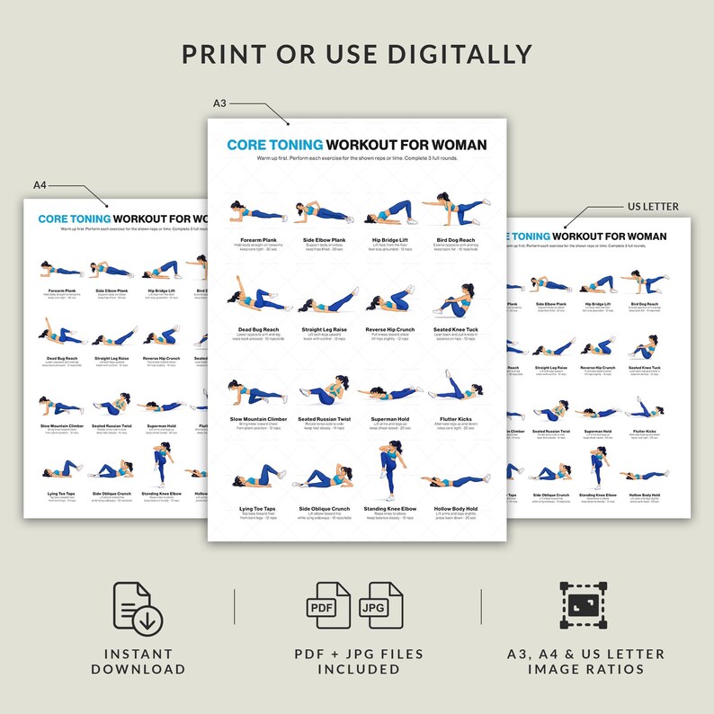Core Tuning Workout Printable Poster No Equipment Abs Stability Routine ...