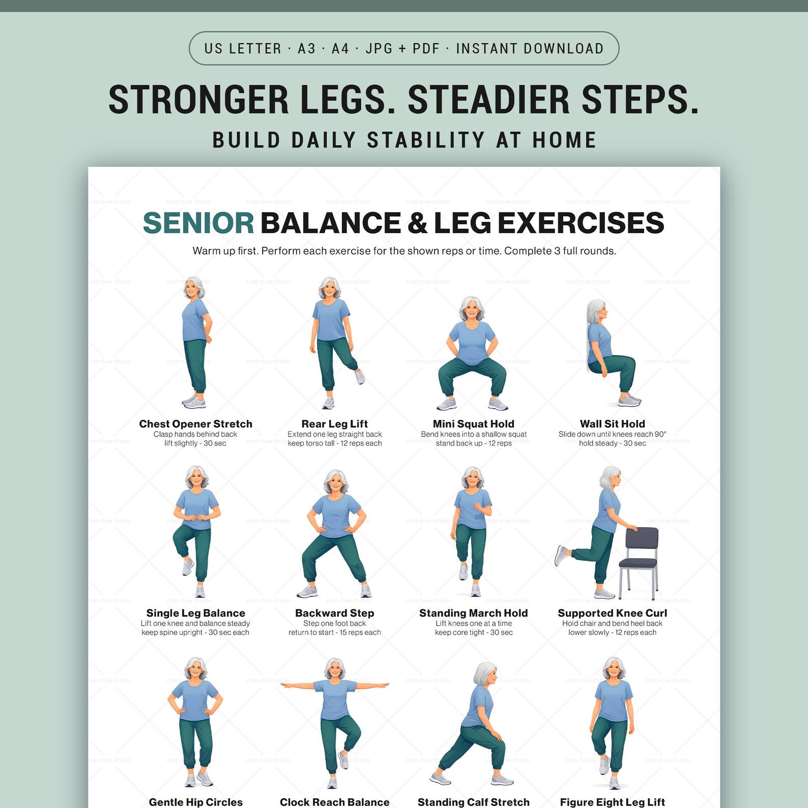 Balance Leg Exercises for Seniors Printable Standing Stability Workout ...