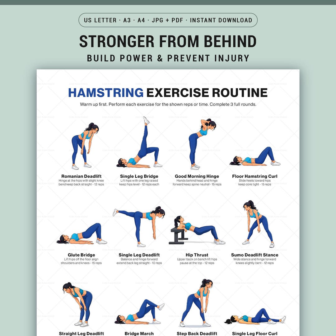 Hamstring Workout Chart Printable Poster for Glutes and Leg Day ...