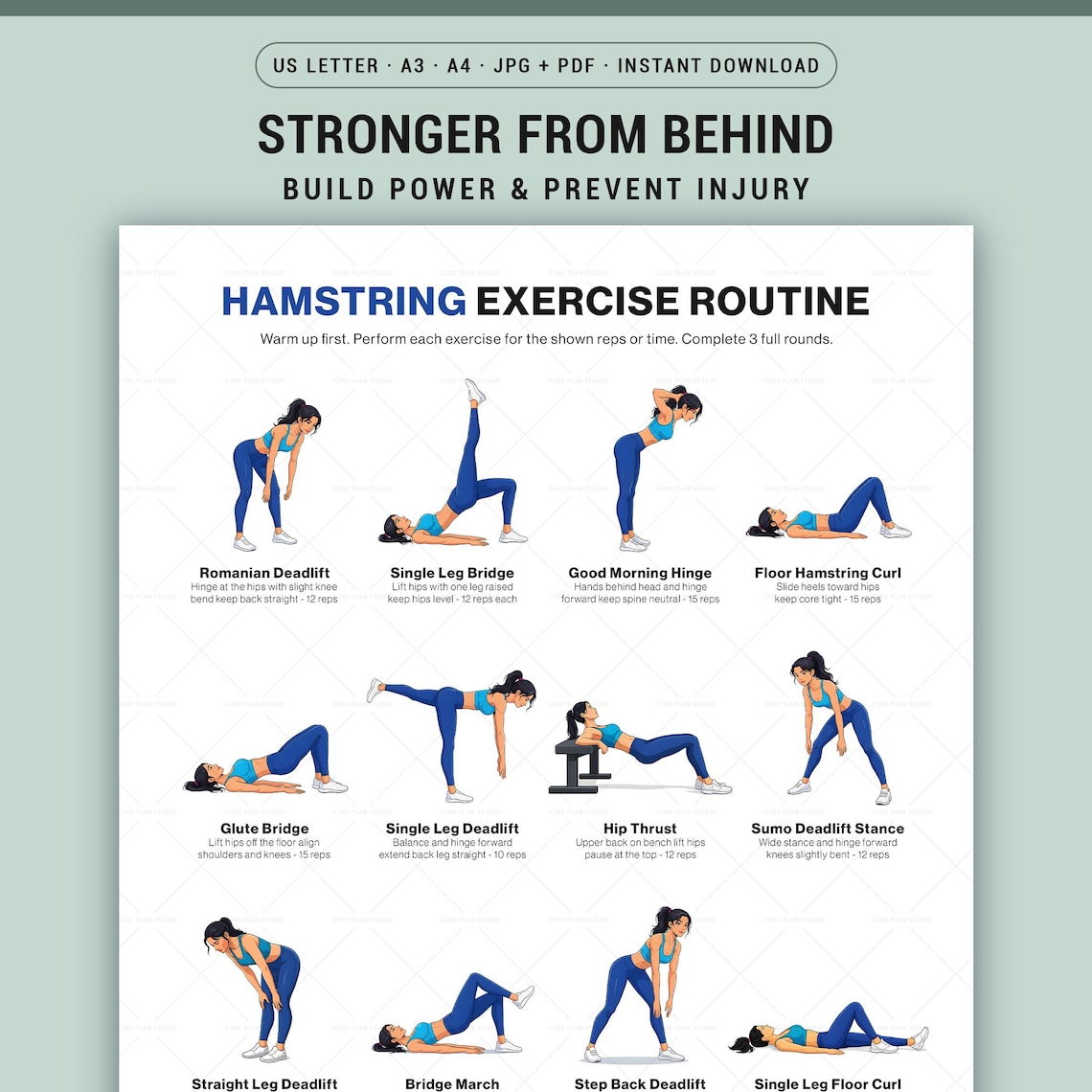 Hamstring Workout Chart Printable Poster for Glutes and Leg Day ...